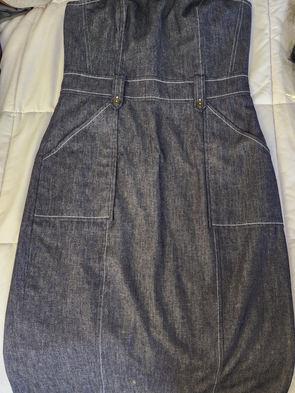 Express Strapless Denim-Style Dress - Blue with White Stitching